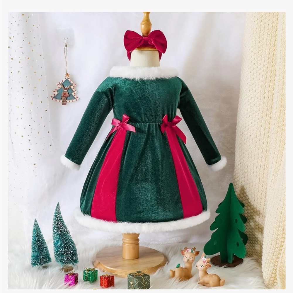 NEW Green and Red Velvet Holiday Dress with Bow, 9-12 months